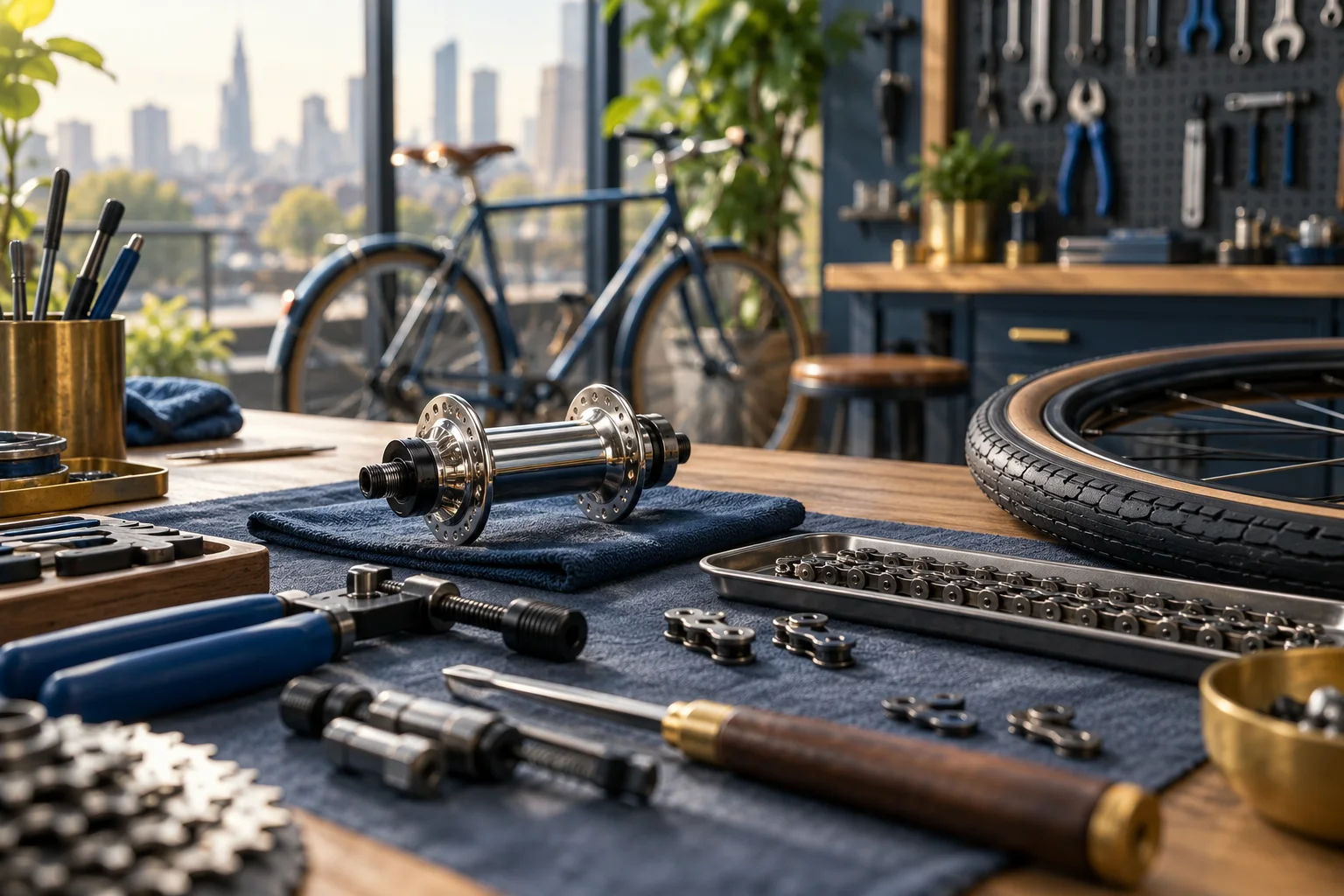 Illustratieve fietsnaaf, ketting en gereedschap op een werkbank, niet bij Kaspi gefotografeerd